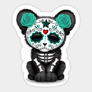 Teal Blue Day of the Dead Sugar Skull Panther Cub Sticker